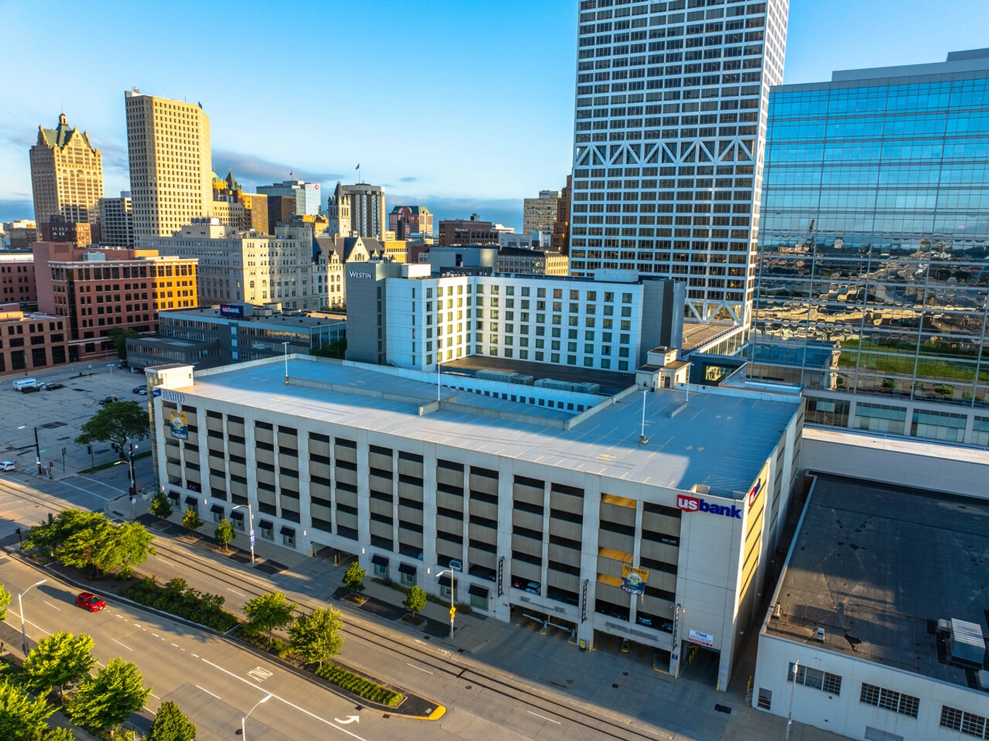 View of a large modern parking garage in US Bank Center building